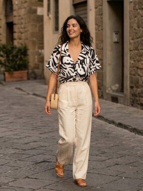 Le Raganne Made in Italy Black & White Abstract Linen Cropped Blouse Size S